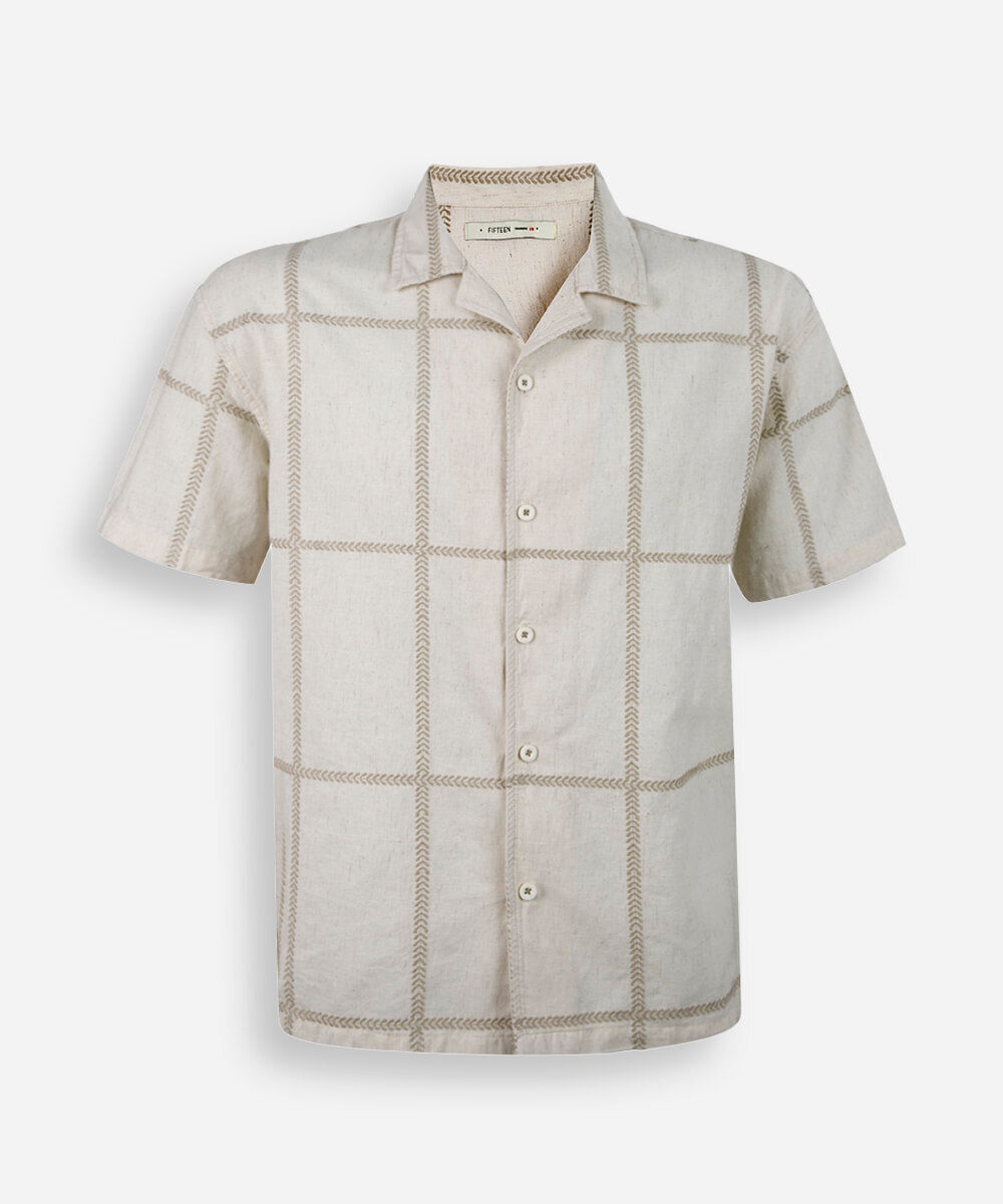 camisa juvenil com linho bordada oversized bege