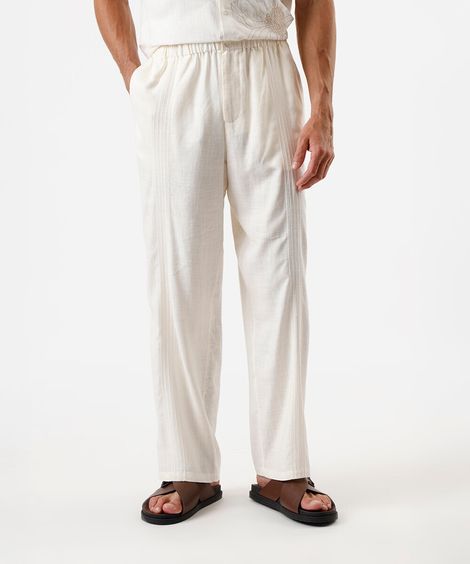 calça reta masculina com linho e bordado cós elástico off white