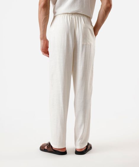 calça reta masculina com linho e bordado cós elástico off white
