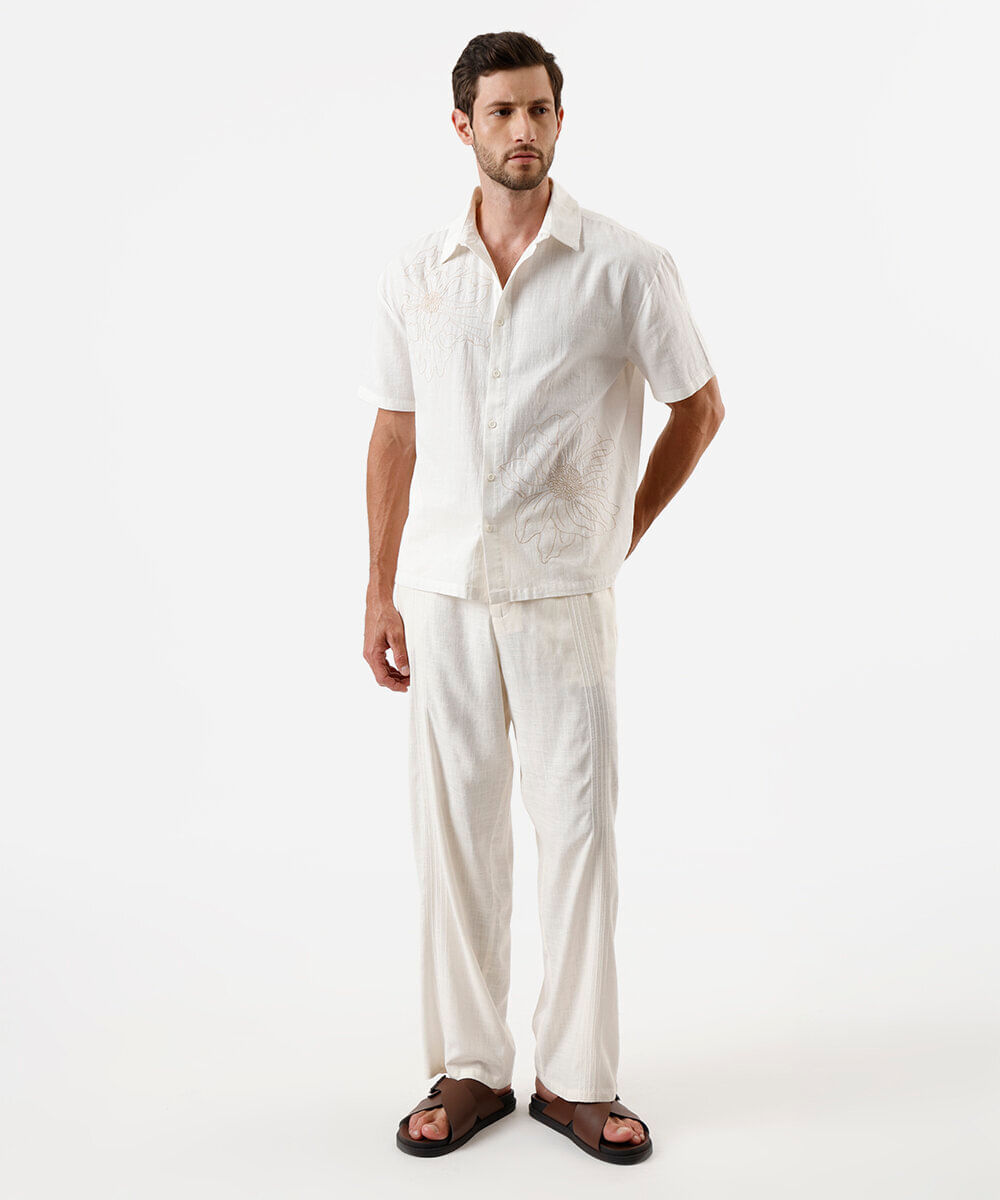 calça reta masculina com linho e bordado cós elástico off white