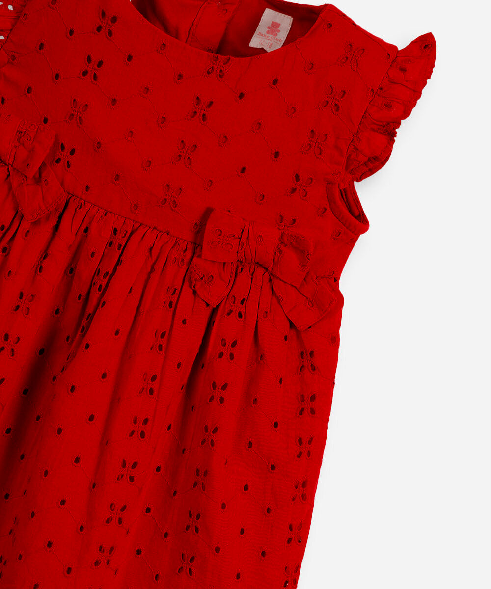 vestido infantil de laise com laços vermelho