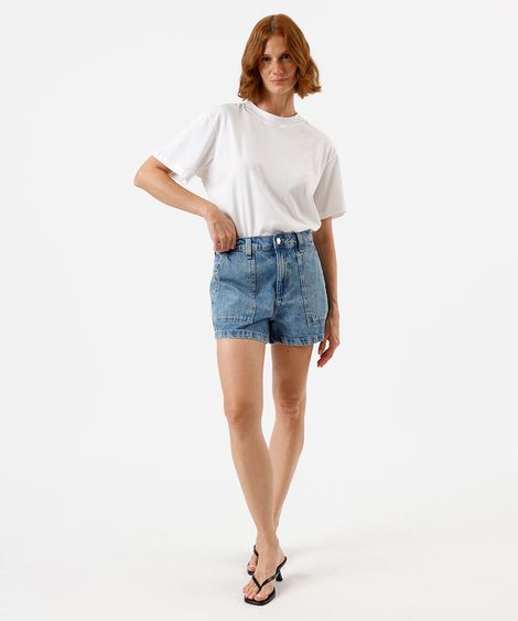 short feminino jeans cintura média azul