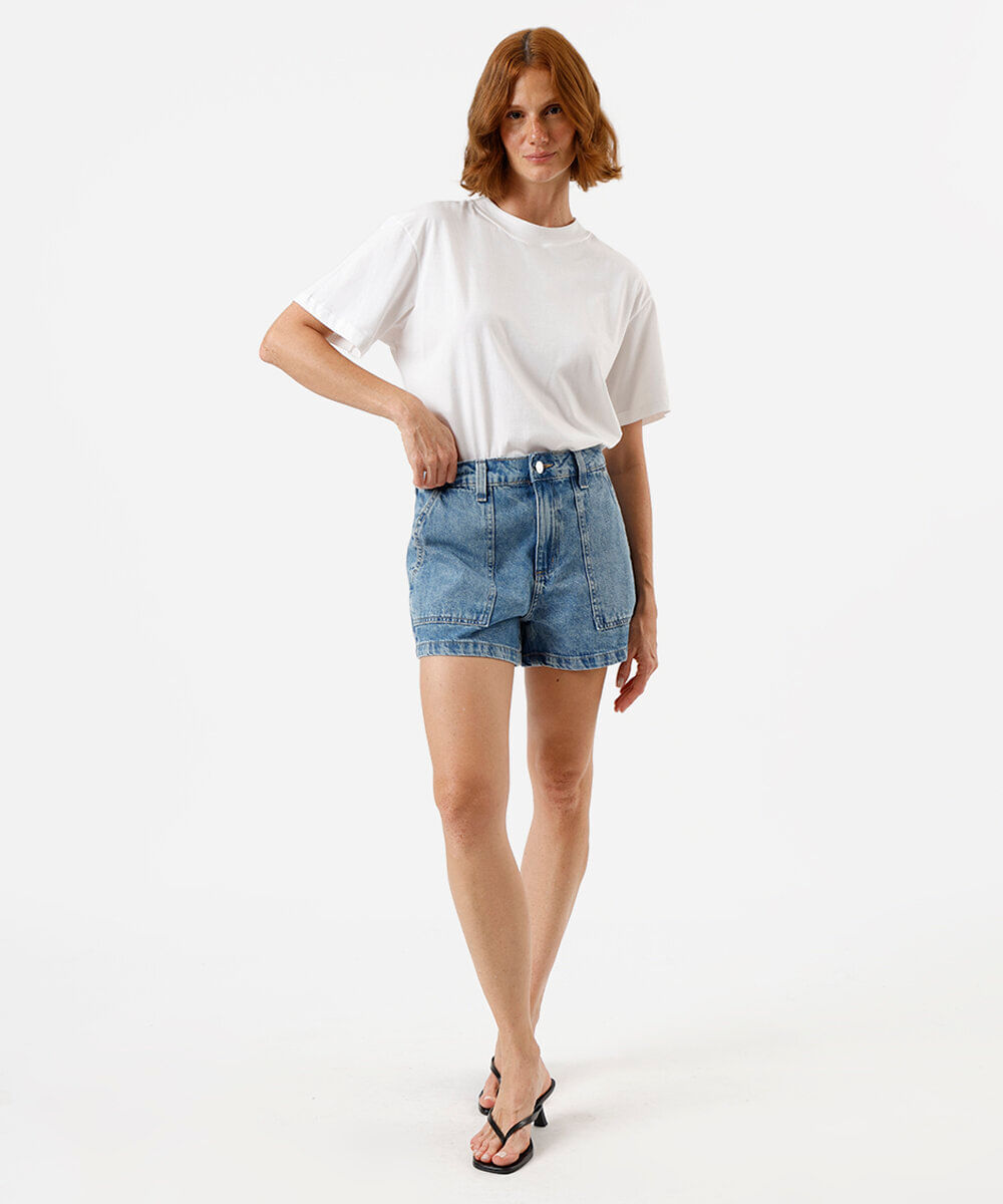 short feminino jeans cintura média azul