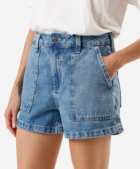 short feminino jeans cintura média azul