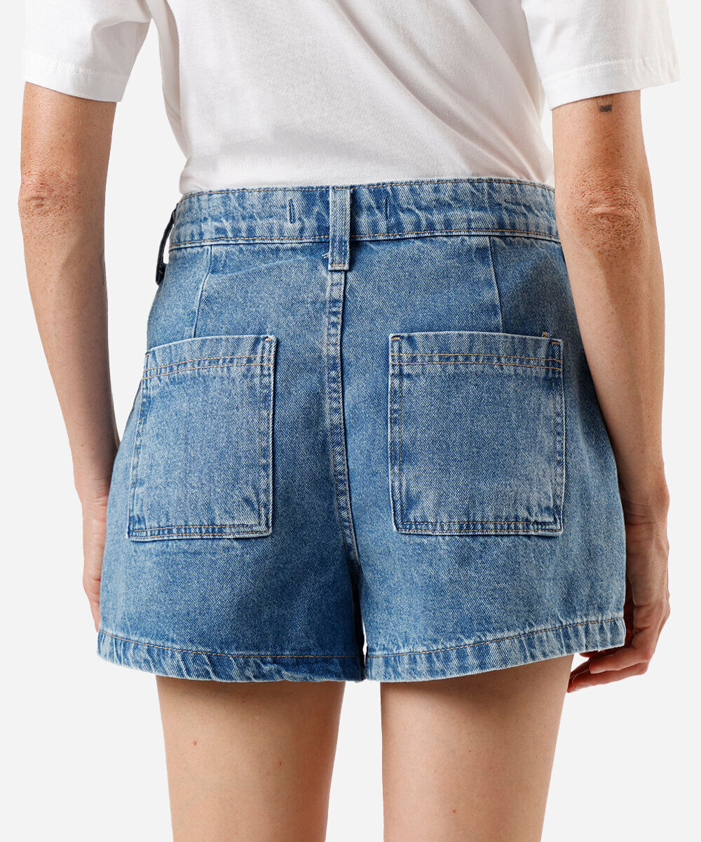 short feminino jeans cintura média azul