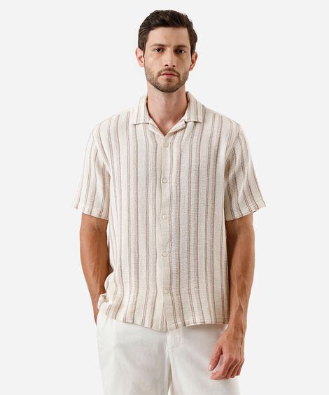 camisa masculina de algodão texturizada listrada bege