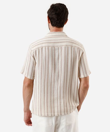 camisa masculina de algodão texturizada listrada bege