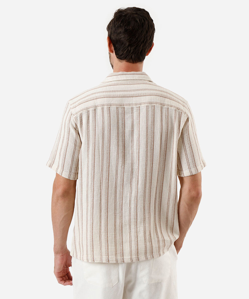 camisa masculina de algodão texturizada listrada bege