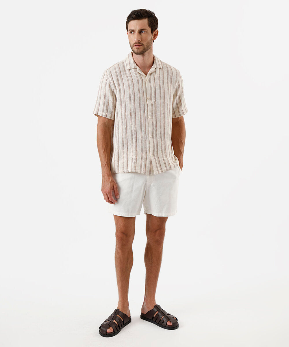 camisa masculina de algodão texturizada listrada bege