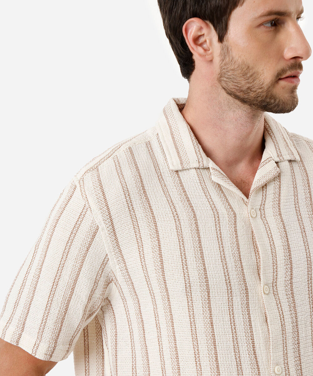 camisa masculina de algodão texturizada listrada bege