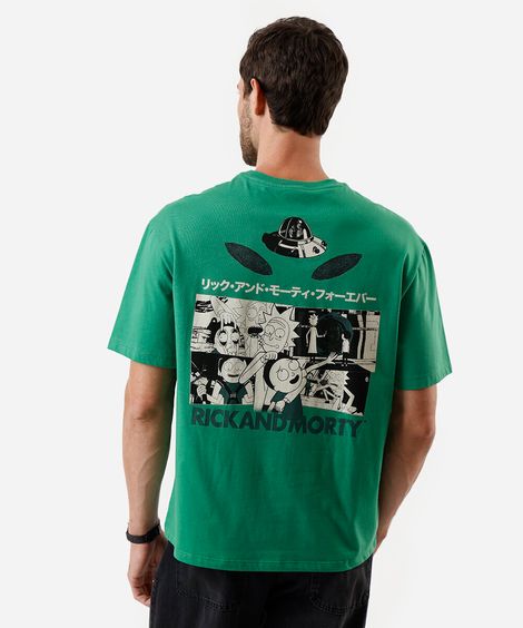 camiseta box fit masculina de algodão rick and morty verde