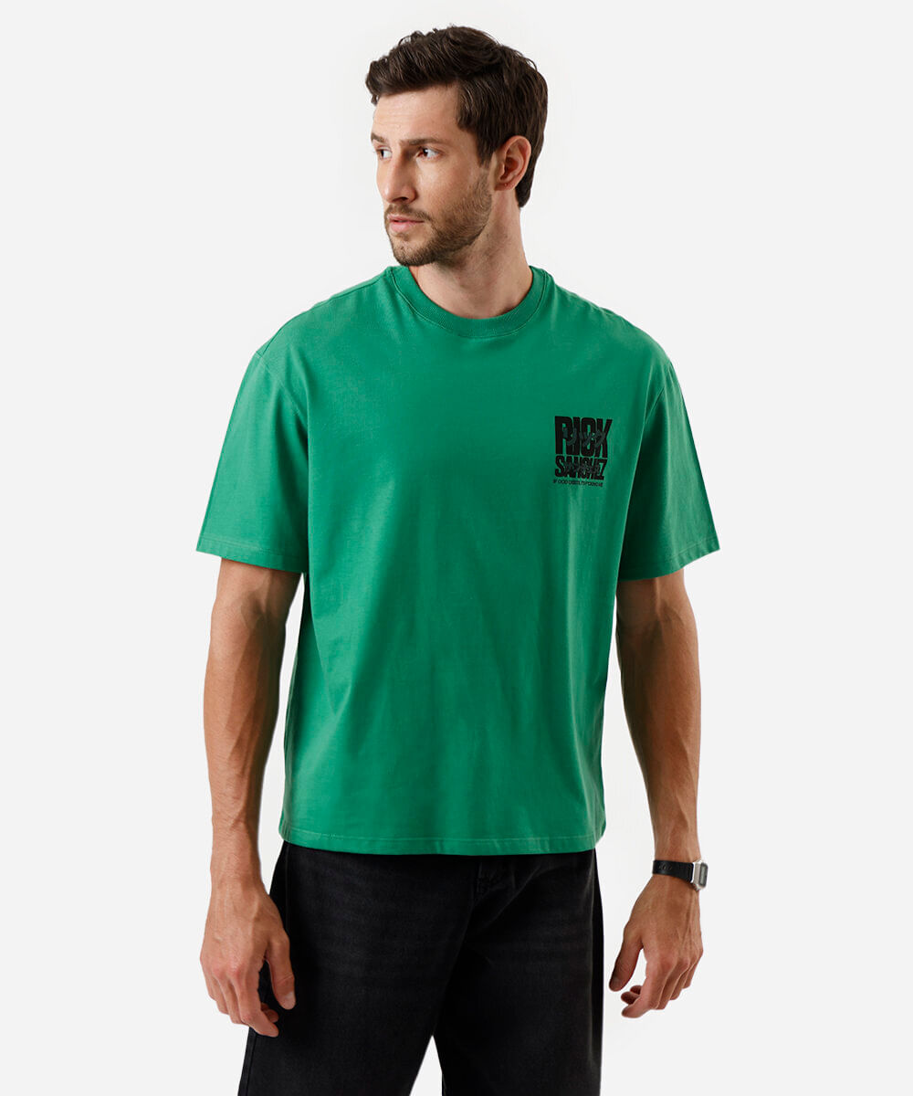 camiseta box fit masculina de algodão rick and morty verde