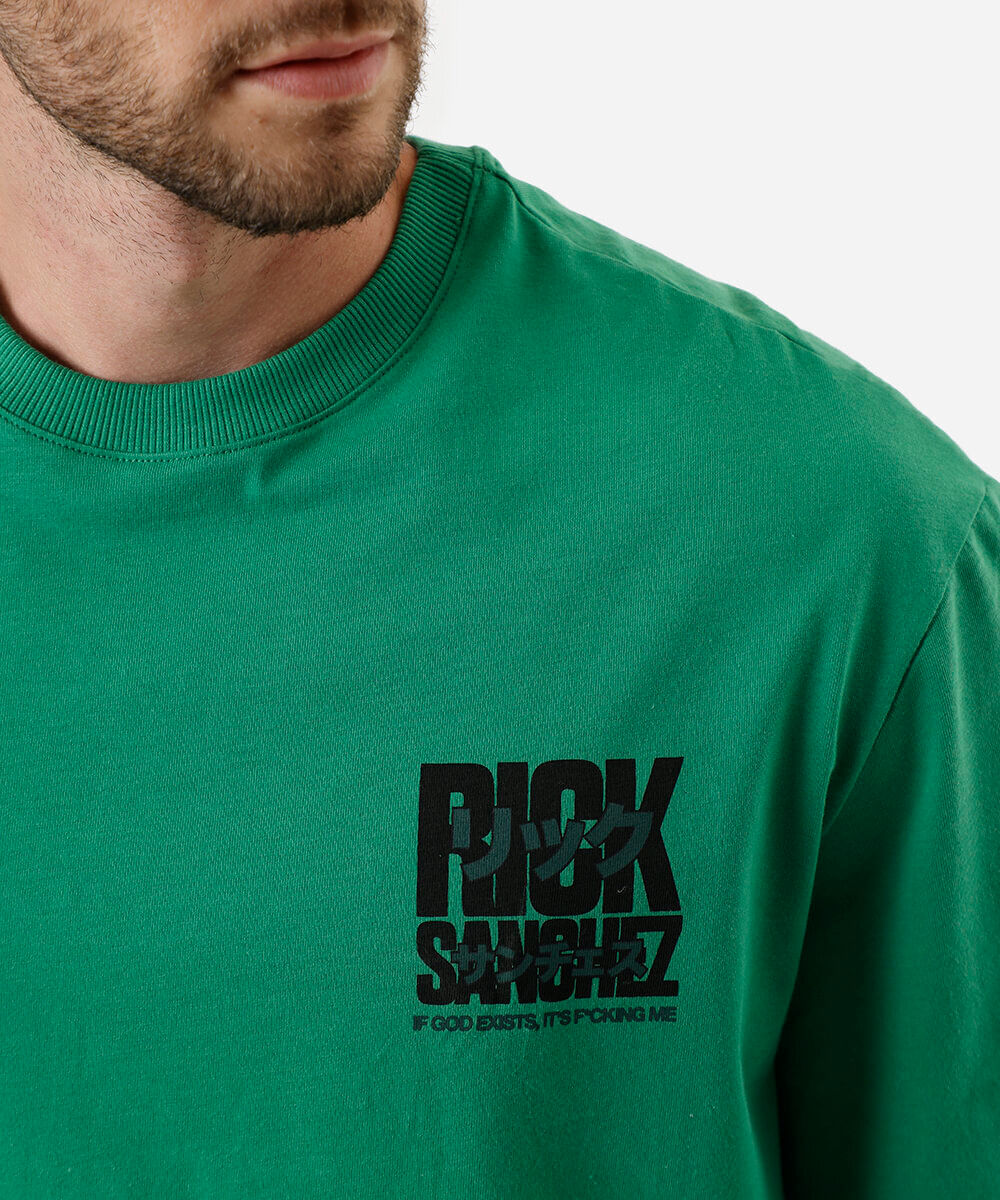 camiseta box fit masculina de algodão rick and morty verde