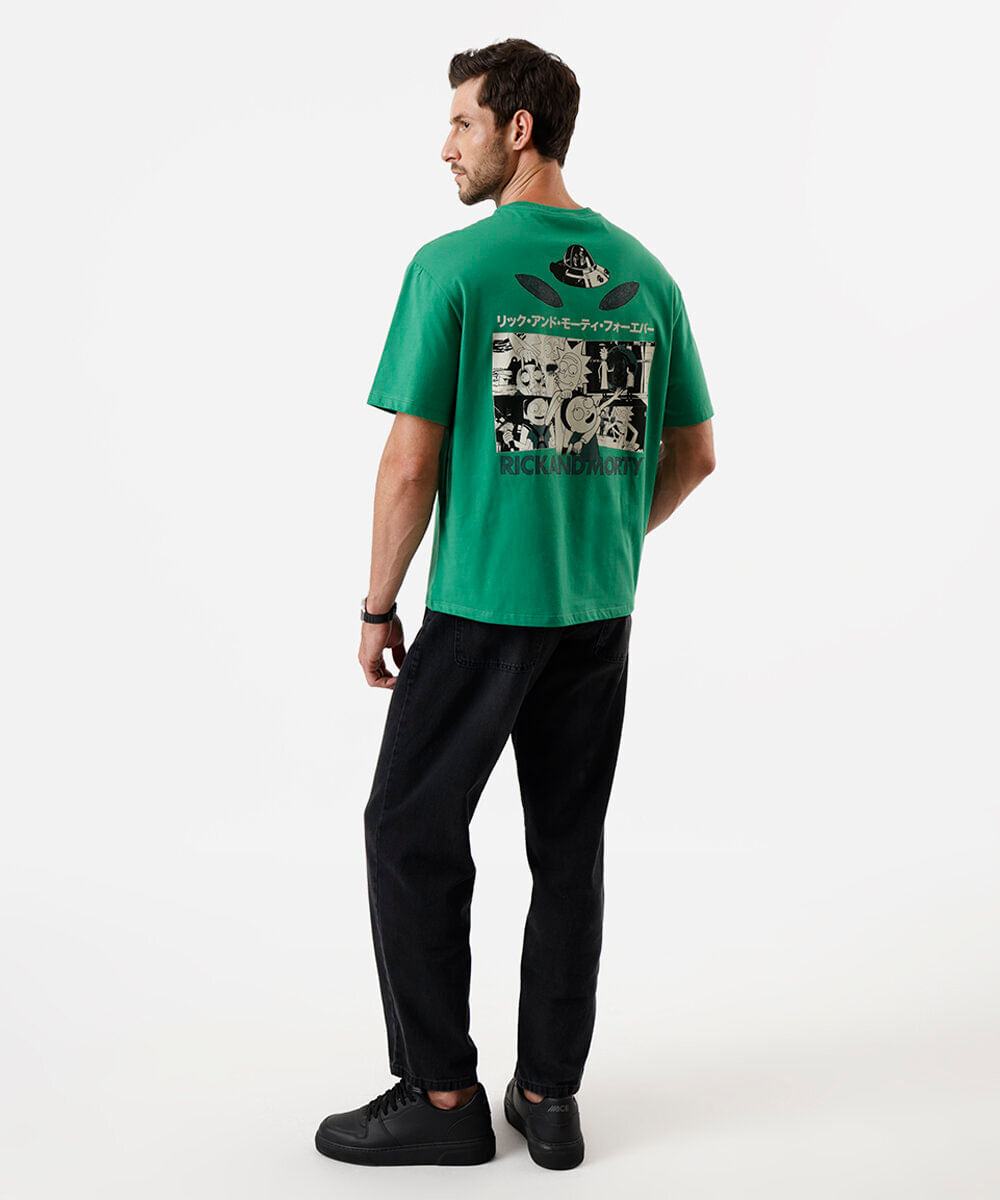 camiseta box fit masculina de algodão rick and morty verde