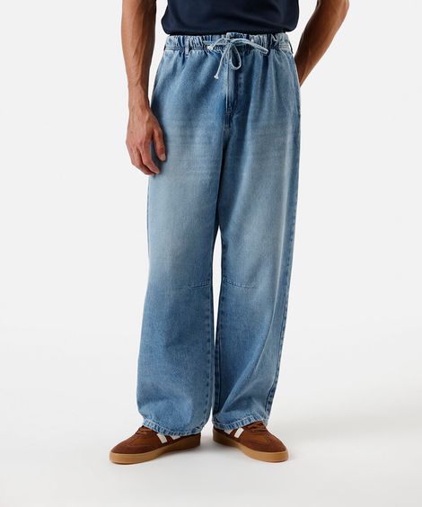 calça super baggy masculina jeans cós elástico azul