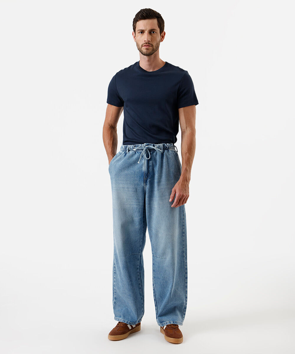 calça super baggy masculina jeans cós elástico azul
