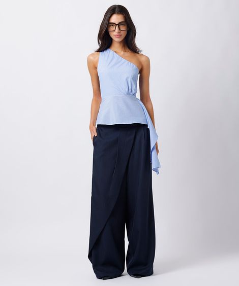 calça de alfaiataria feminina cós transpassado risca de giz azul