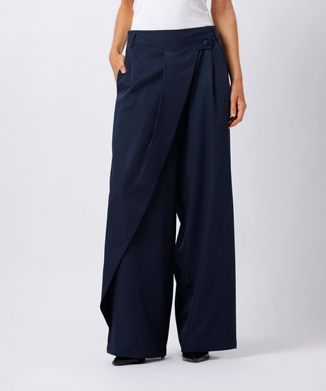 calça de alfaiataria feminina cós transpassado risca de giz azul