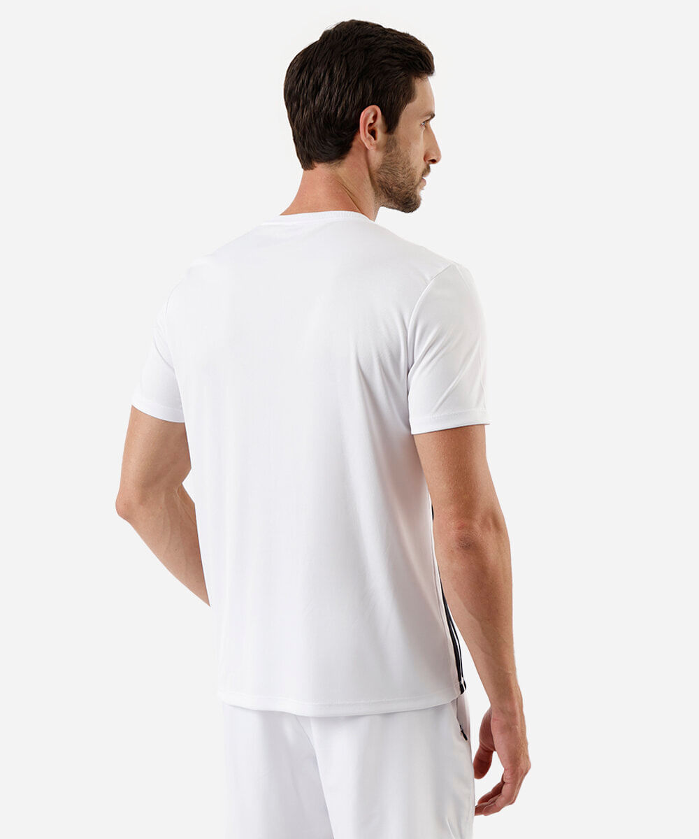 camiseta esportiva masculina com listras laterais branca