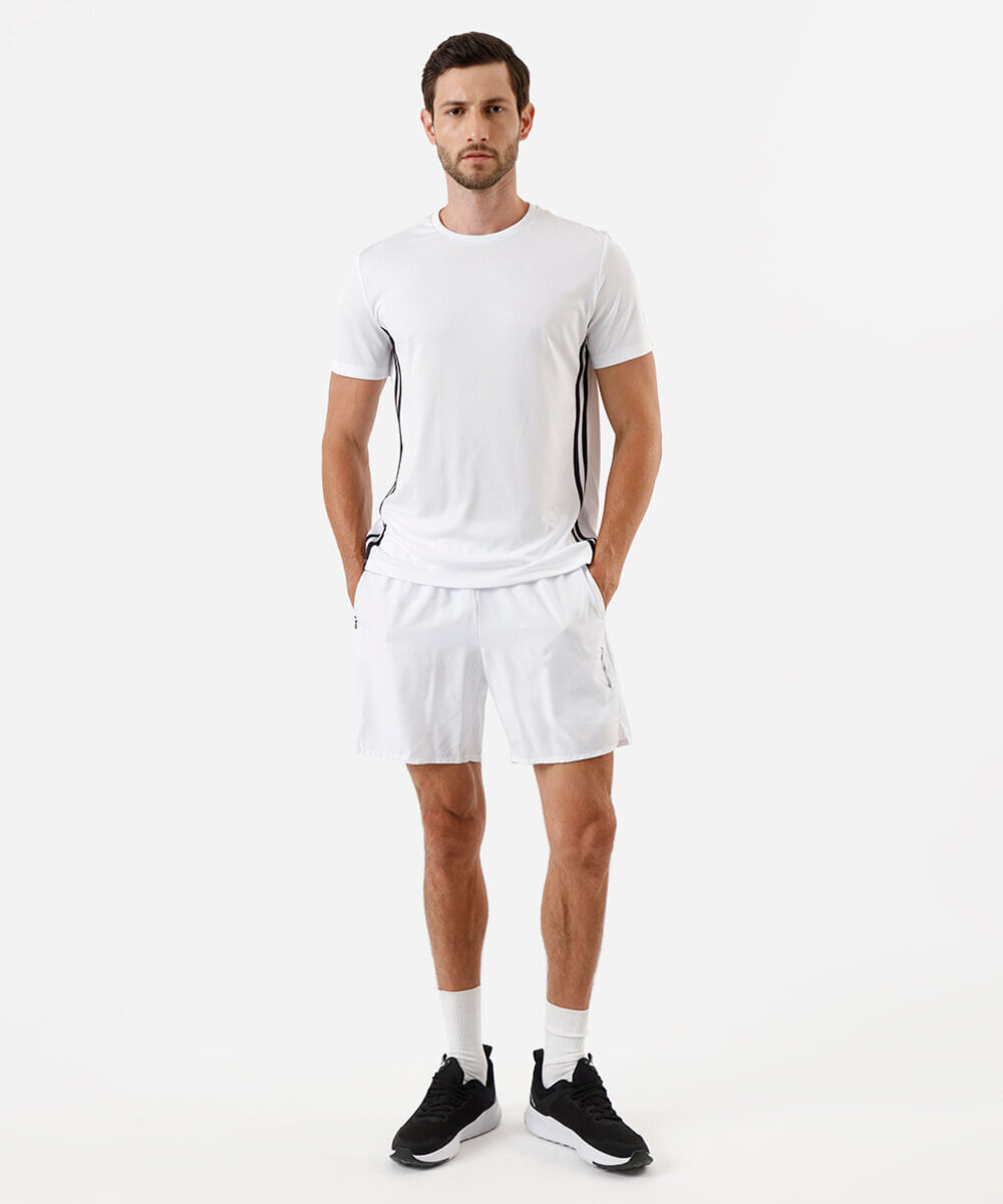 camiseta esportiva masculina com listras laterais branca