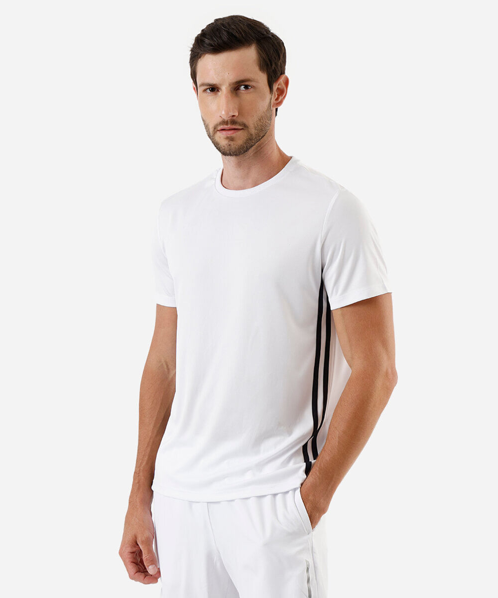 camiseta esportiva masculina com listras laterais branca