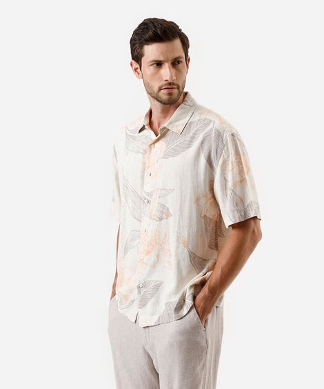 camisa masculina com linho floral off white