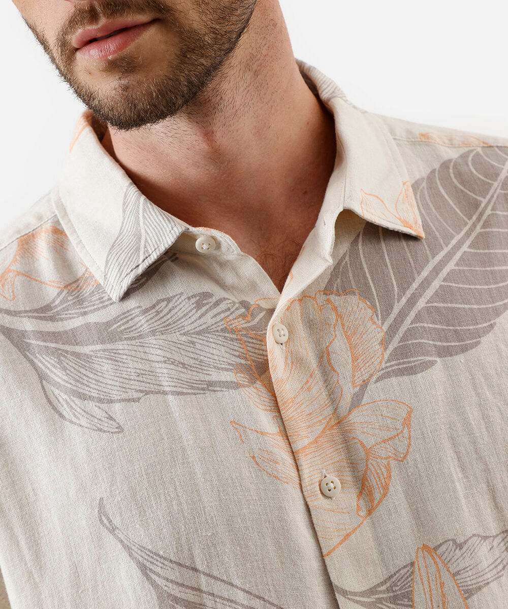 camisa masculina com linho floral off white
