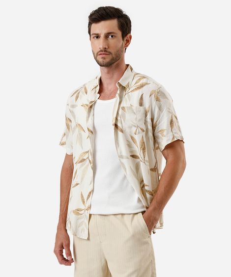 camisa masculina com linho folhagens colorida