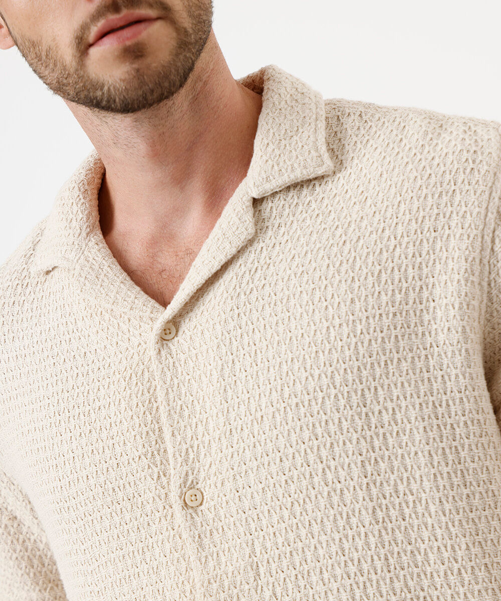 camisa masculina de algodão texturizada off white