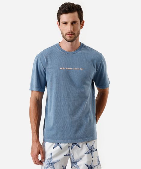 camiseta masculina de algodão estampada estonada azul