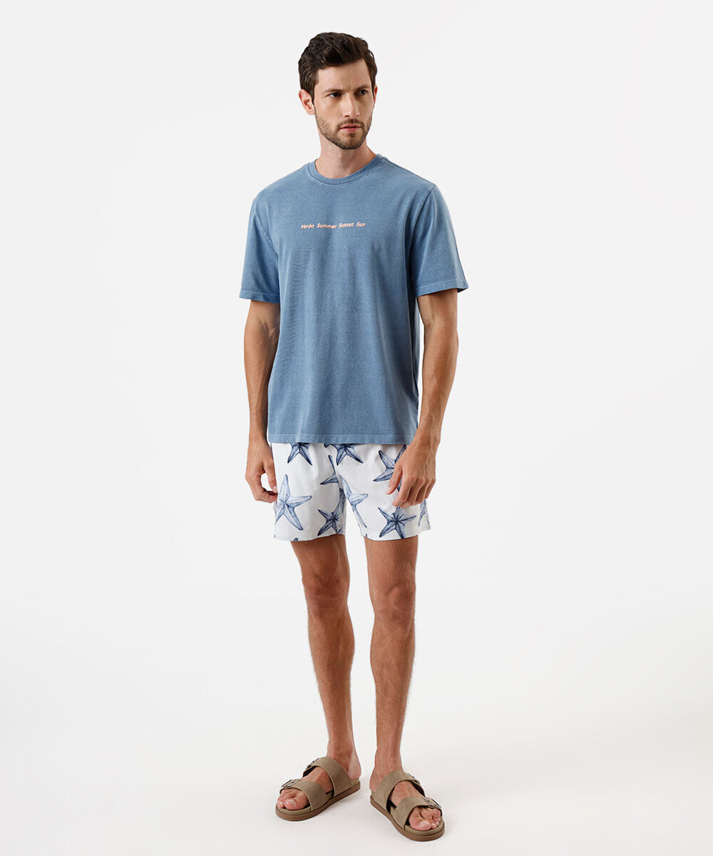 camiseta masculina de algodão estampada estonada azul