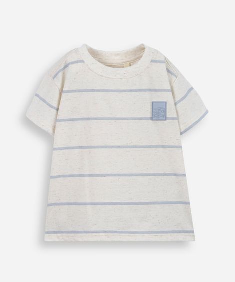 camiseta infantil com linho listrada bege