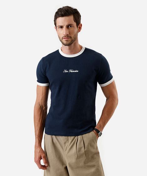 camiseta muscle fit masculina de algodão bordada canelada azul