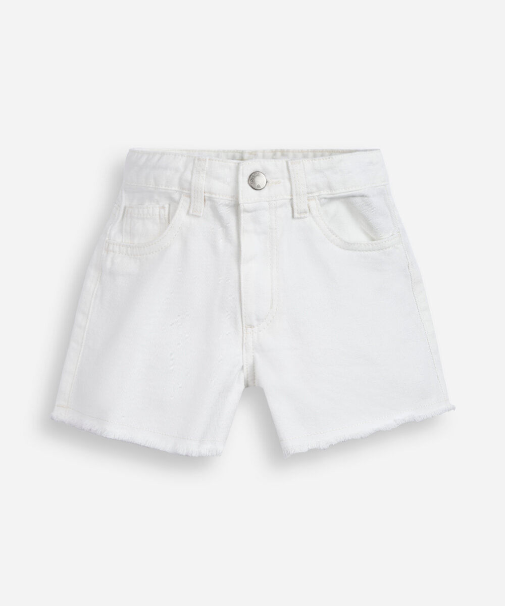 short infantil de sarja com barra desfiada off white