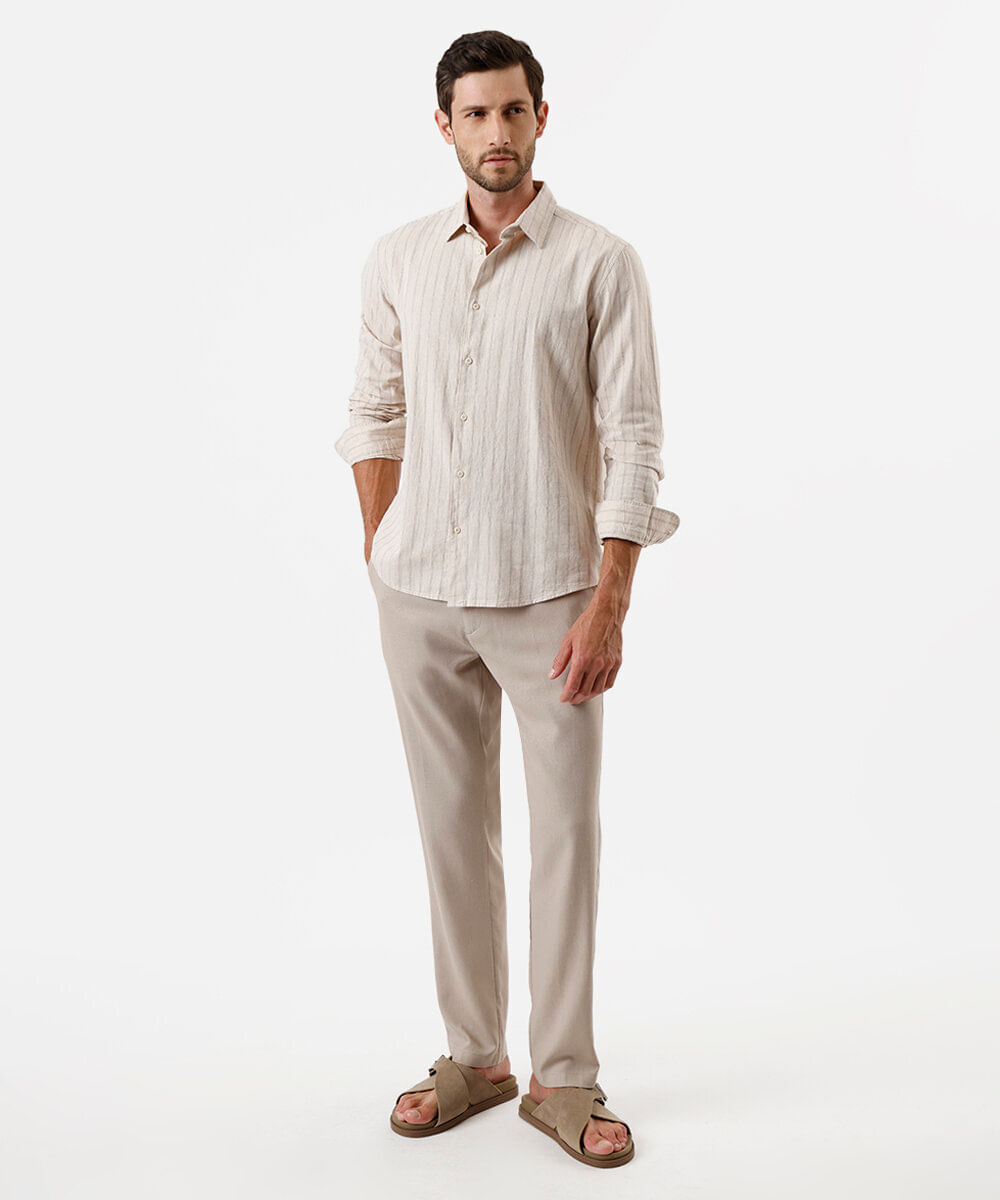 calça slim chino masculina com linho bege