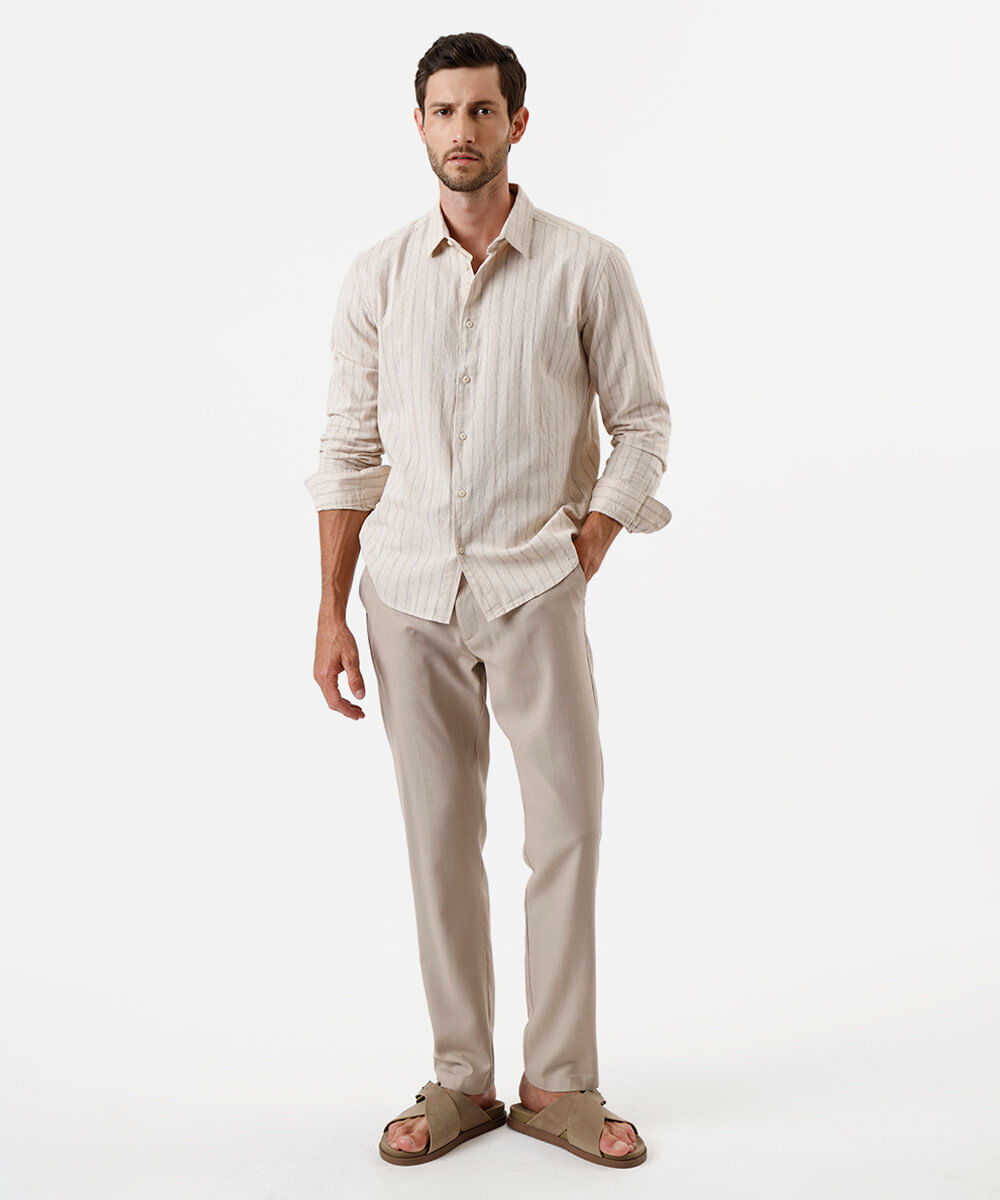 camisa masculina com linho listrada bege
