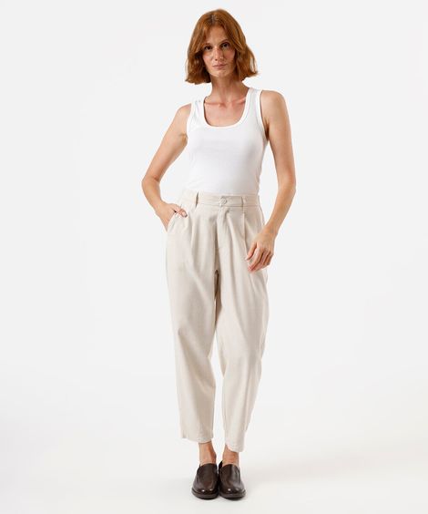 calça feminina com linho e pregas cós elástico bege