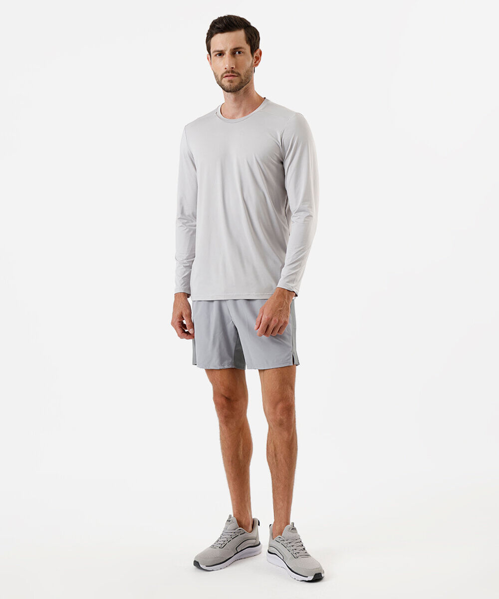 camiseta esportiva masculina manga longa com proteção uv cinza