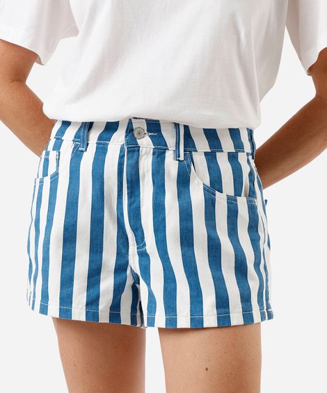 short feminino de sarja listrada azul