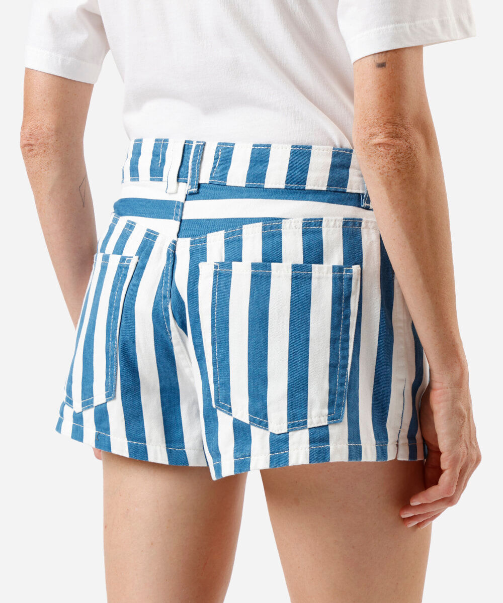 short feminino de sarja listrada azul