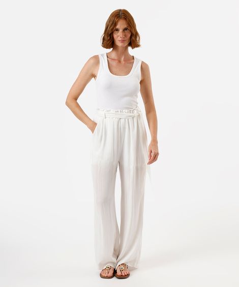 calça wide leg feminina de viscose com lurex texturizada off white