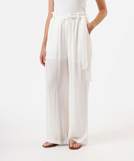 calça wide leg feminina de viscose com lurex texturizada off white