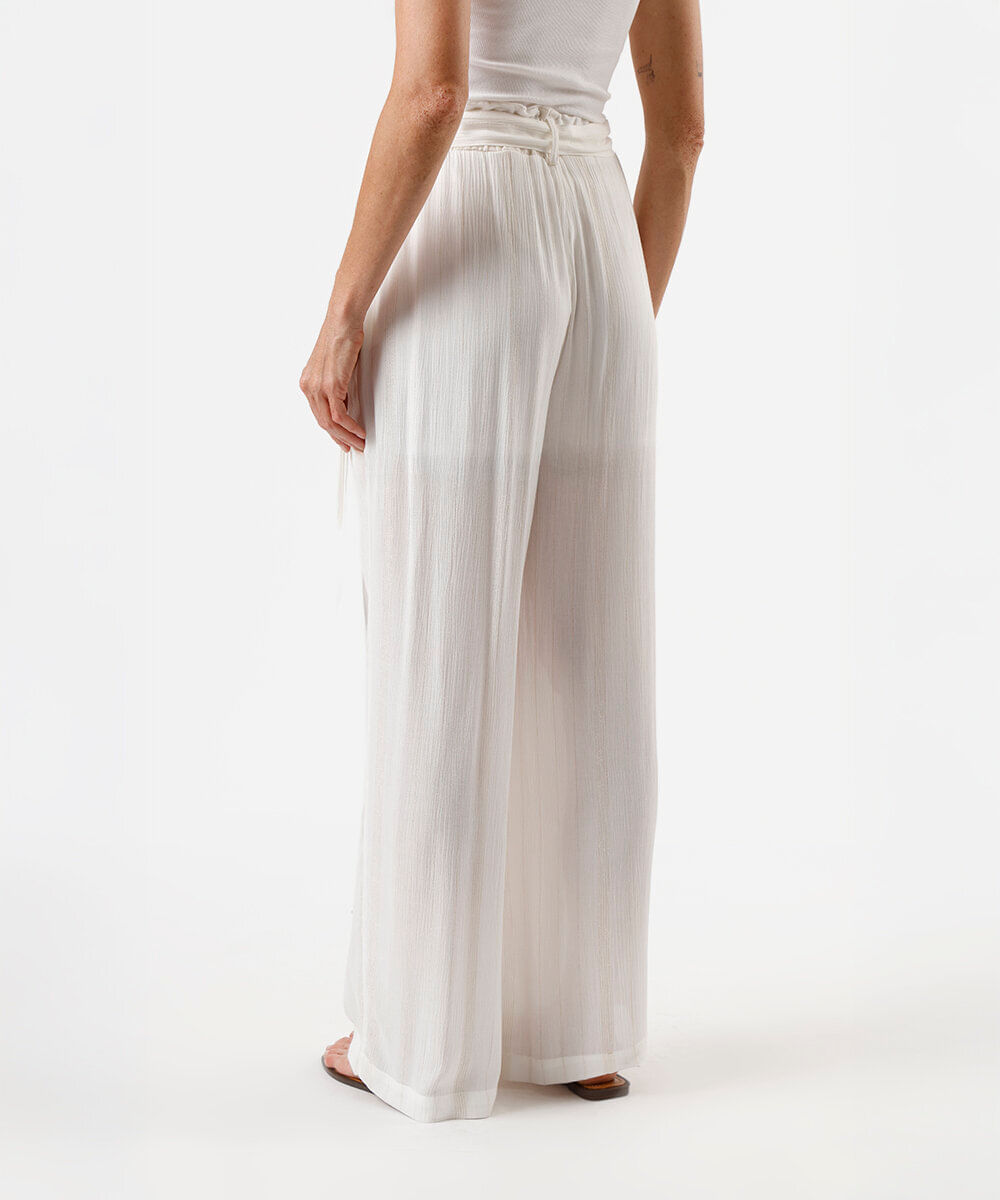 calça wide leg feminina de viscose com lurex texturizada off white