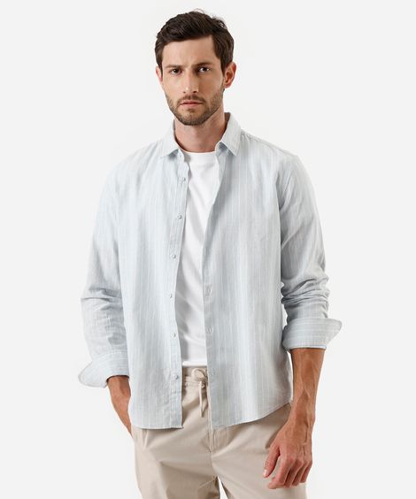 camisa masculina com linho listrada azul