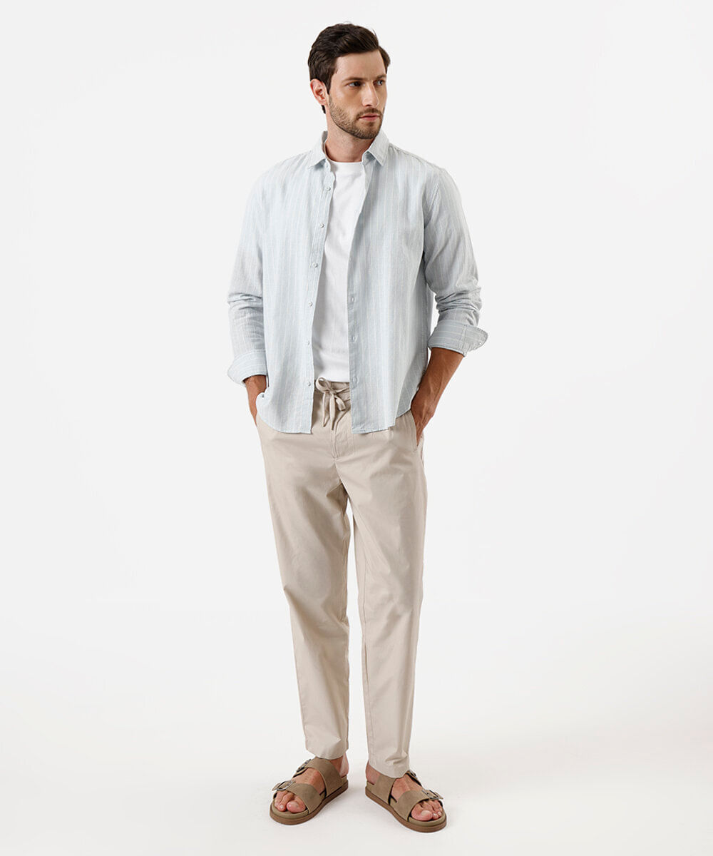 camisa masculina com linho listrada azul