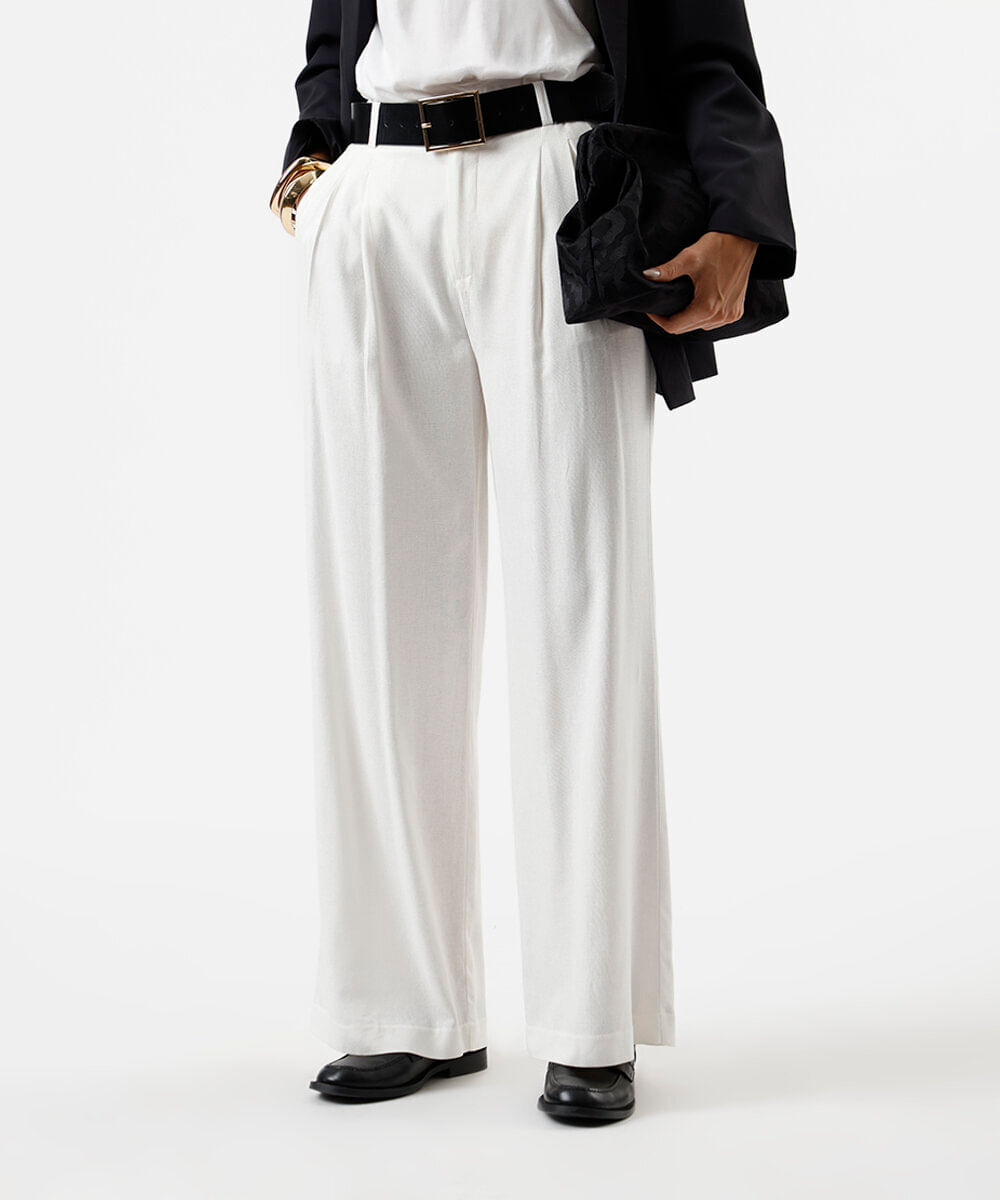 calça wide leg feminina de alfaiataria com linho e pregas off white