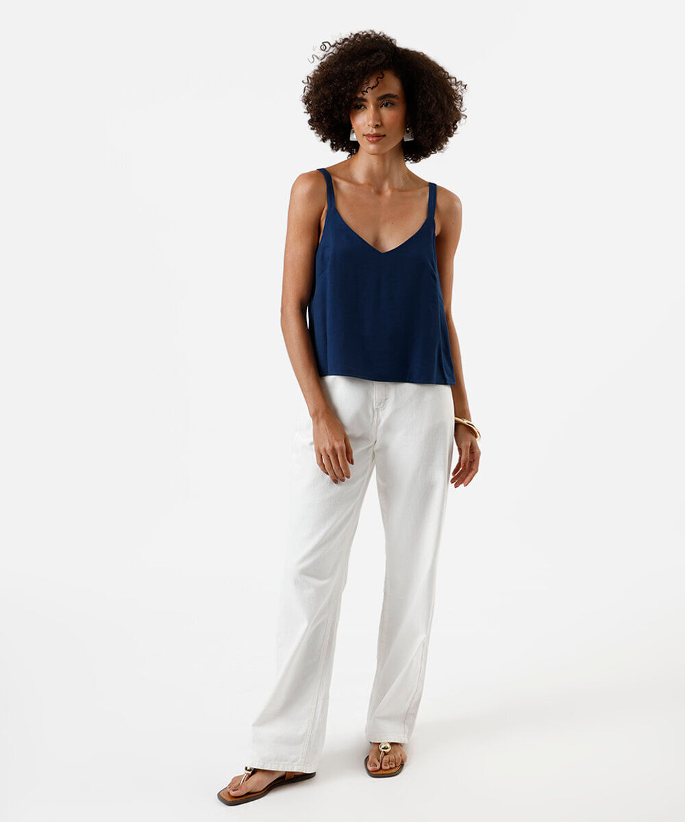 regata feminina de viscose decote v azul