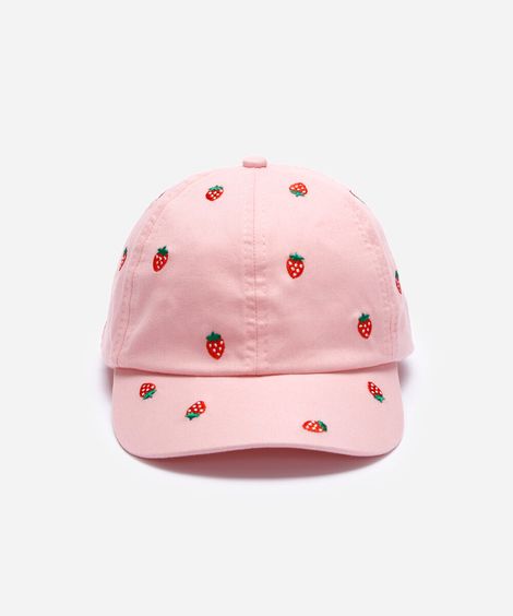 boné infantil com bordado de morango rosa