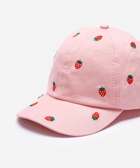boné infantil com bordado de morango rosa