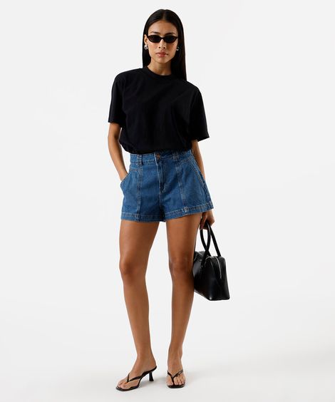 short feminino jeans com recortes azul
